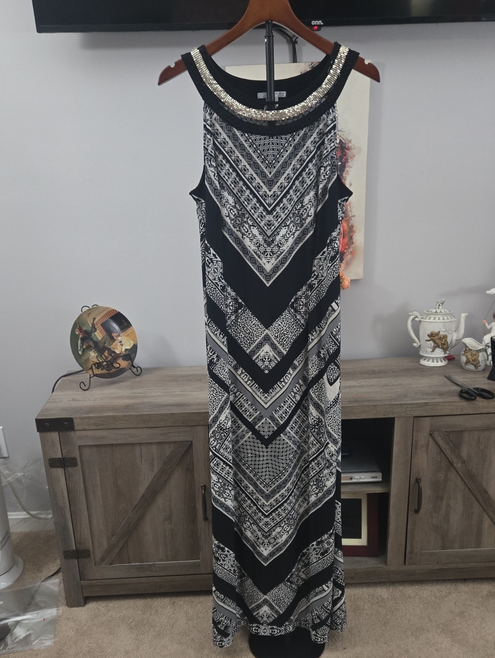 Studio One Black & SIlver Beaded Neckline Maxi Dress